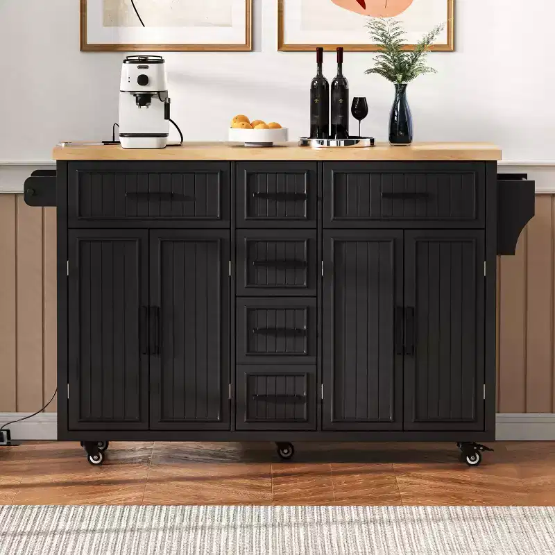 56.5 Rustic Kitchen Island with Power Outlet - Rolling Cart w/ Drop Leaf, 4 Doors & 5 Drawers, Adjustable Shelves & Wheels