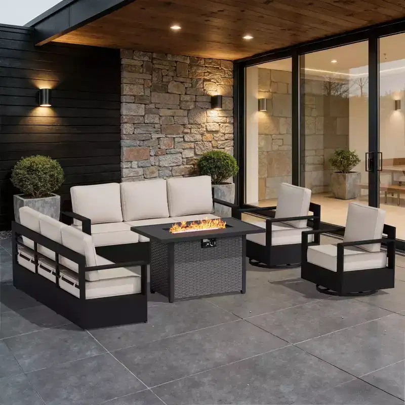 UPTIOT Outdoor Sectional Set with 2 Sofas, 2 Swivel Chairs & 2-in-1 Propane Fire Pit