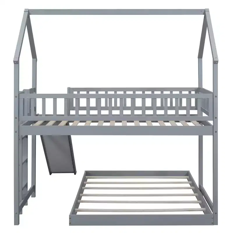 Whisen House Roof Design Twin over Full House Bunk Bed with Slide and Built-in Ladder