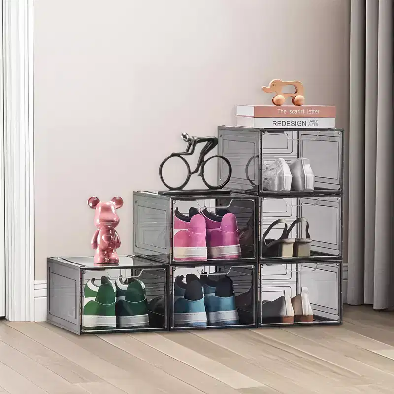 Shoe Storage Boxes, 6 Pack Clear Stackable Shoe Boxes Storage Organizers with Magnetic Door, Fit up to US Size 13, Transparent Black