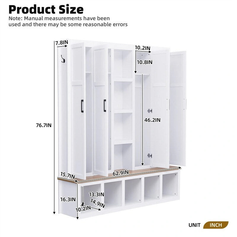 Farmhouse 4-in-1 Hall Tree with Open Display Shelves, Mudroom Shoe Bench with Open Compartments, Entryway Coat Rack with 6 Hooks