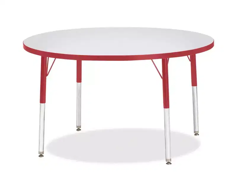 Elementary Height Round Activity Table 42x42, Gray Top, Adjustable Steel Legs, Red Edge