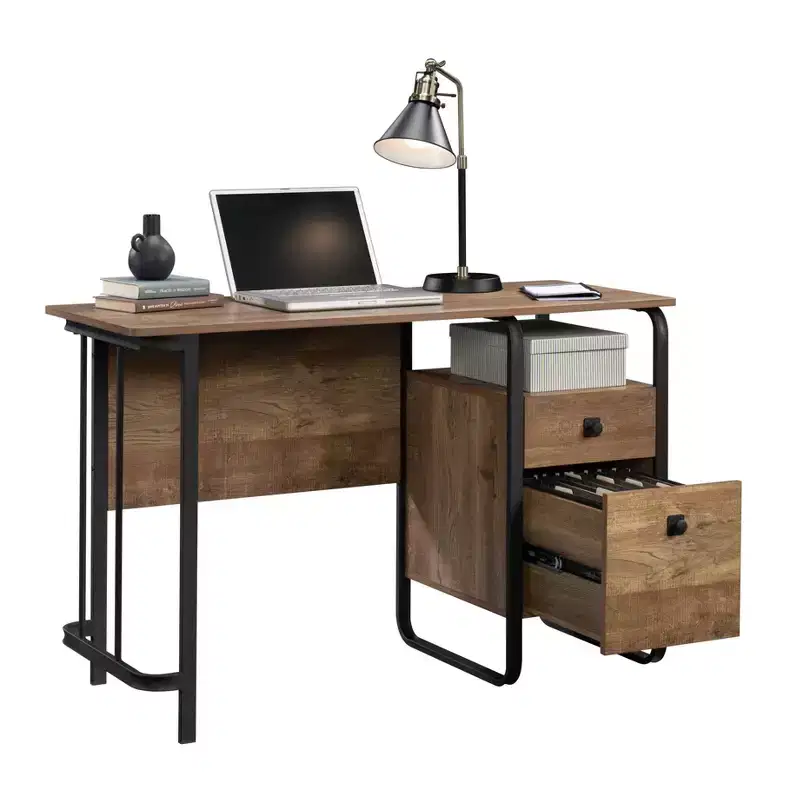 47 Inch Industrial Computer Desk - 2 Drawers, 1 Open Shelf, Metal Frame, Oak Finish