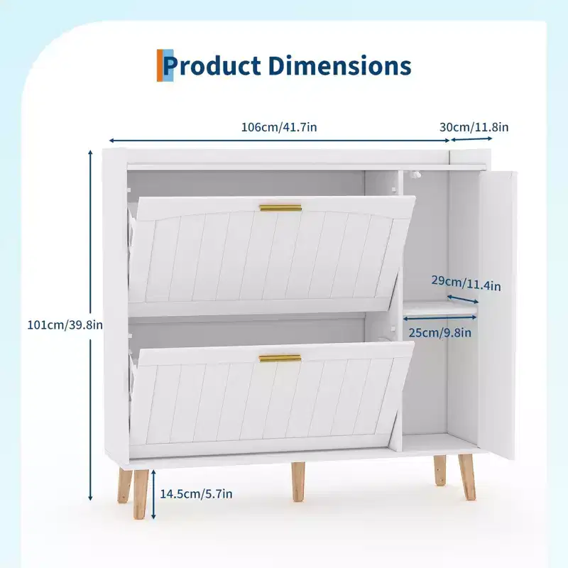 Wooden Shoe Cabinet with Mirror, 2 Flip Drawers & Side Storage Cabinet, Freestanding Modern Shoe Storage with Adjustable Shelves for Hallway, Bedroom