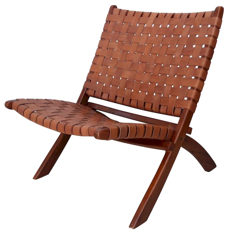 Brown Basket Weave Leather Lounge Chair