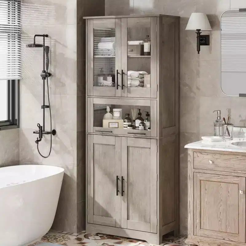 GustoWave Tall Bathroom Cabinet, Freestanding Storage Cabinet with Glass Doors and Adjustable Shelves and Drawers, 67 Tall Cabinet for Kitchen