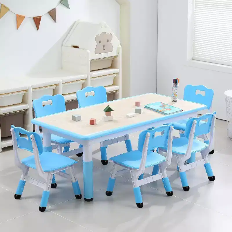 Kids Table and Chairs Set, Height Adjustable Desk with 6 Seats for Ages 2-10, Max 300lbs, Children Multi-Activity Table for Daycares,Home