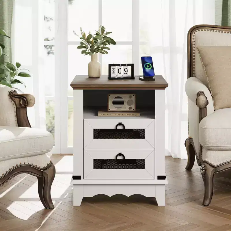 Farmhouse End Table with Charging Station - Rustic Wood Coffee Table - 2 Drawers & Open Shelf - Bedside Accent for Bedroom, Living Room, Home Office