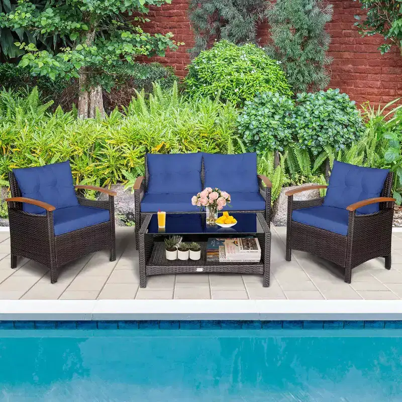 Costway 4PCS Patio Rattan Furniture Set Cushioned Sofa Storage Table Off