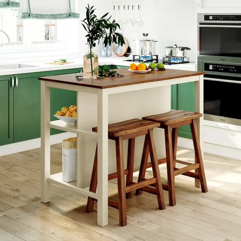 3-piece 45 Kitchen Island Set with 2 Seatings, Rubber Wood Butcher Block Dining Table Set Prep Table Set with 2 Open Shelves
