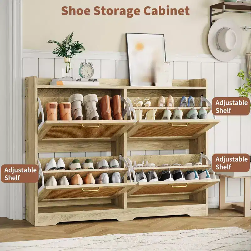 Shoe Storage Cabinet with 4 Flip Drawers, Rattan Hidden Shoe Storage Organizer, Freestanding Shoe Rack Cabinet for Hallway Living Room Apartment