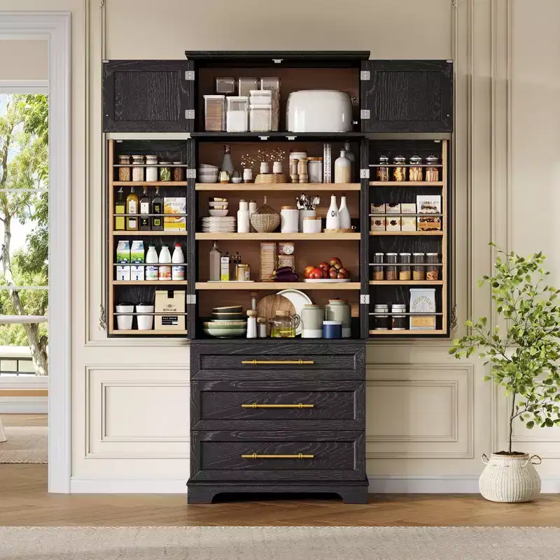 78 Tall Kitchen Pantry Cabinet, Freestanding Cupboard with 3 Drawers, Wooden Kitchen Hutch Cabinet & Coffee Bar Cabinet for Living Room