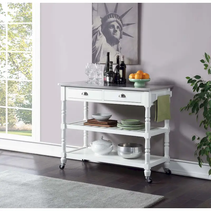 French Country 3 Tier Stainless Steel Kitchen Cart with Drawers