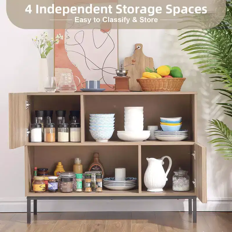 Farmhouse Entryway Table, Stylish Buffet Storage Cabinet with Display Shelf and Metal Legs, for Living Room, Hallway, Black+Oak