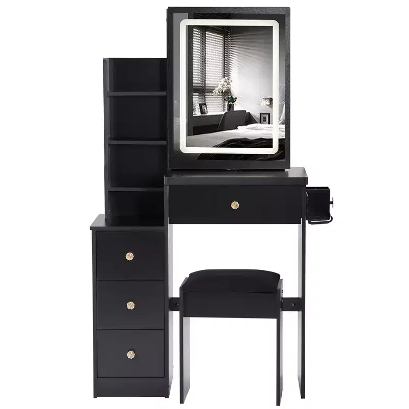 Vanity Desk with LED Mirror, 3-Color LED, Power Outlet, Cushioned Stool, Bedside Cabinet and Hair Dryer Bracket for Bedroom