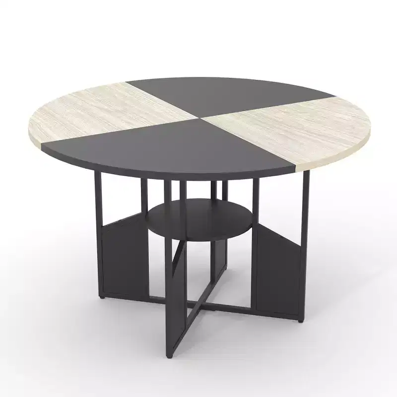 59-inch round wooden dining table for 4-6 people, featuring a base and adjustable legs. Space-saving, farmhouse style, suitable for the living room