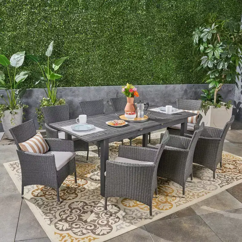 GDFStudio Aloha Outdoor Acacia Wood and Wicker 9 Piece Expandable Dining Set, Light Gray/Gray
