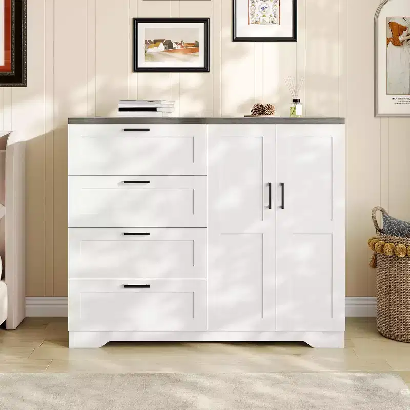 43.3'' H Multifunctional Wooden Dresser, 2 Door Wardrobe Armoire Closet with 4 Drawers and Hanging Rod, Low Storage Cabinet for Hanging Cloth