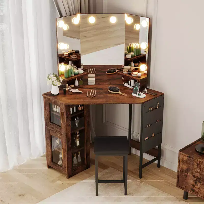 Modern Corner Makeup Vanity with Lighted Mirror & Stool, Space-Saving Vanity Desk with Charging Station and Storage Cabinet for Bedroom