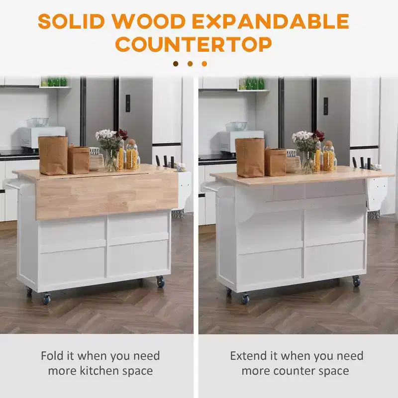Okak Kitchen Island On Wheels with Rubberwood Top, Kitchen Cart with Drop Leaf and Storage Drawers, Kitchen Island for Dining Room, White