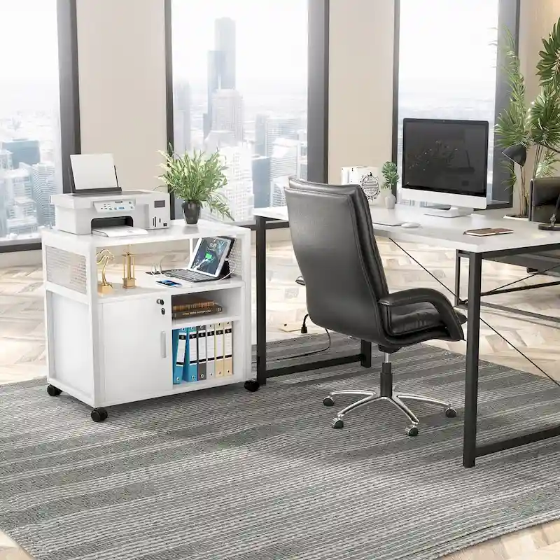 Rolling File Cabinet Lateral Office Filing Cabinets with Charging Station,Modern Printer Stand on Wheels