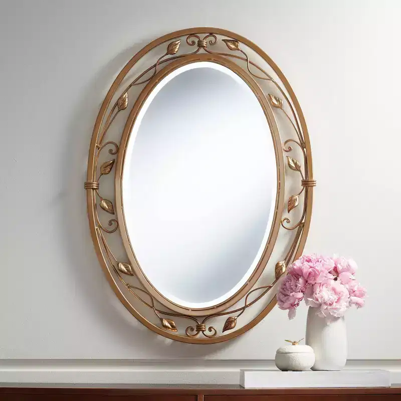 Oval Vanity Wall Mirror Vintage French Beveled Glass Vine Flower Gold Metal Frame 24 Wide for Bathroom Home