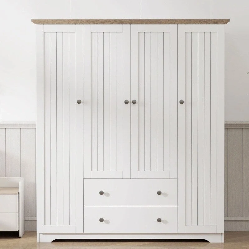 Brown/White 4-Door Wardrobe Armoire with 2 Drawers
