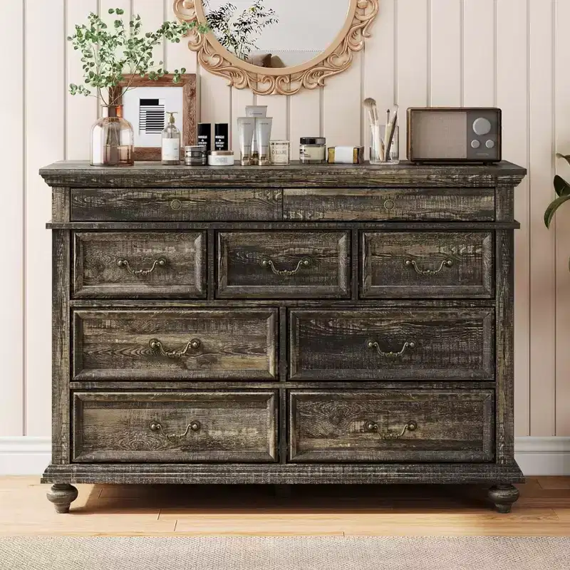GustoWave Wooden Dresser, 9 Drawer Dresser with Large Storage Unit & Vintage Metal Handles for Bedroom, Living Room, Entrance