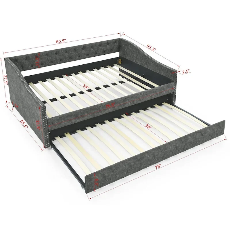 Upholstered Daybed Frame with Trundle & Tufted Backrest