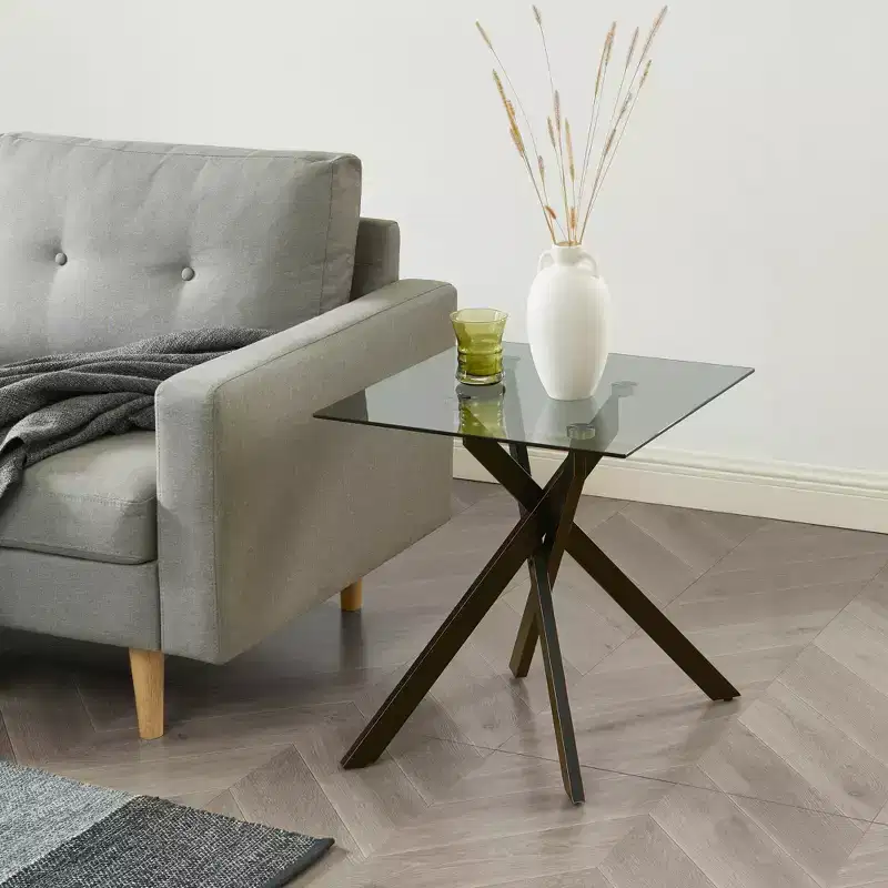 Modern Glass Side Table with Tempered Top and Metal Legs for Living Room