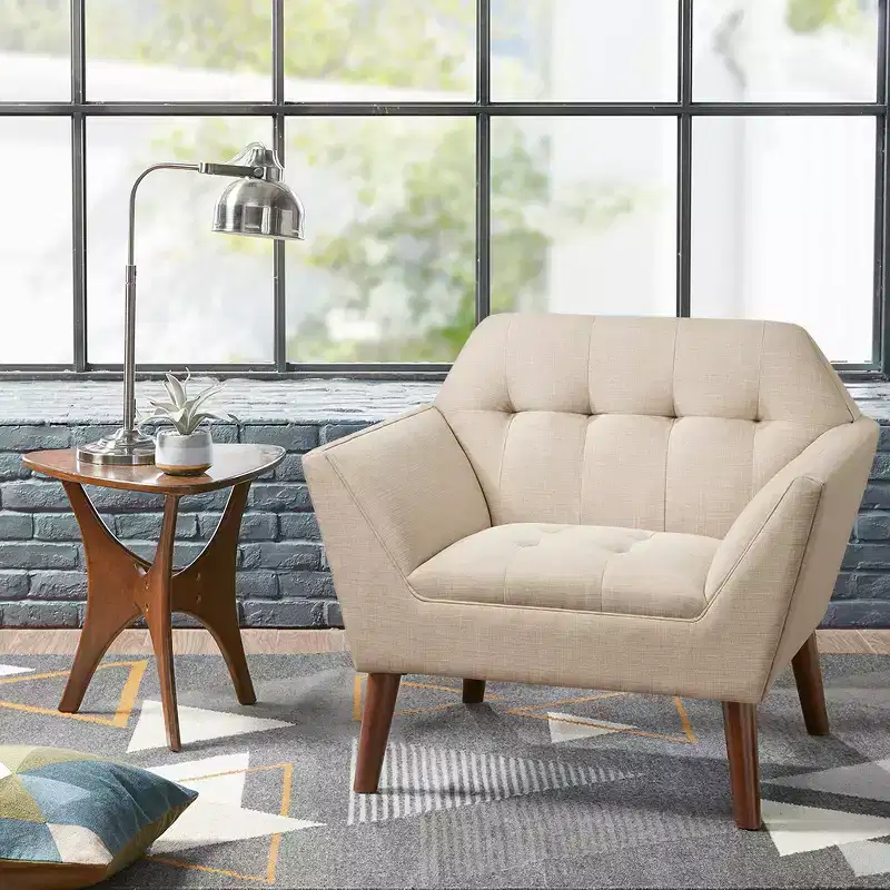 Midcentury Modern Accent Chair, Linen Upholstered Tufted Armchair with Wood Frame, Blue Reading Chair for Living Room Bedroom