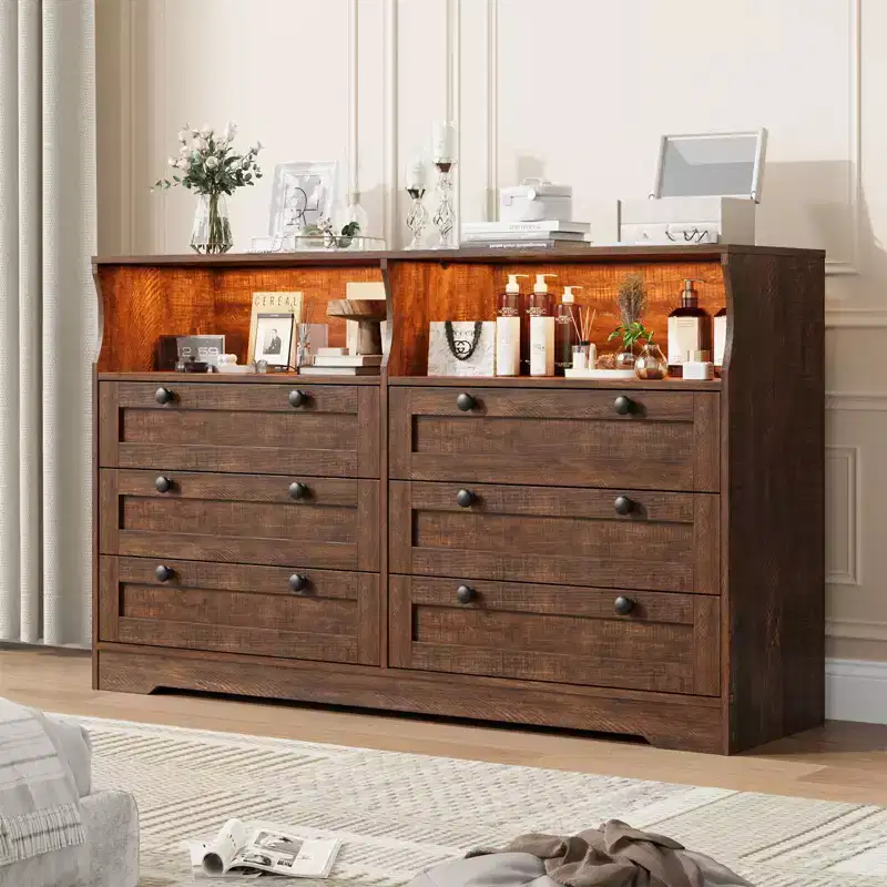 6 Drawer Wood Dresser with LED Lights and Power Outlet, 55 in. Wide TV Stand for Bedroom, Living Room