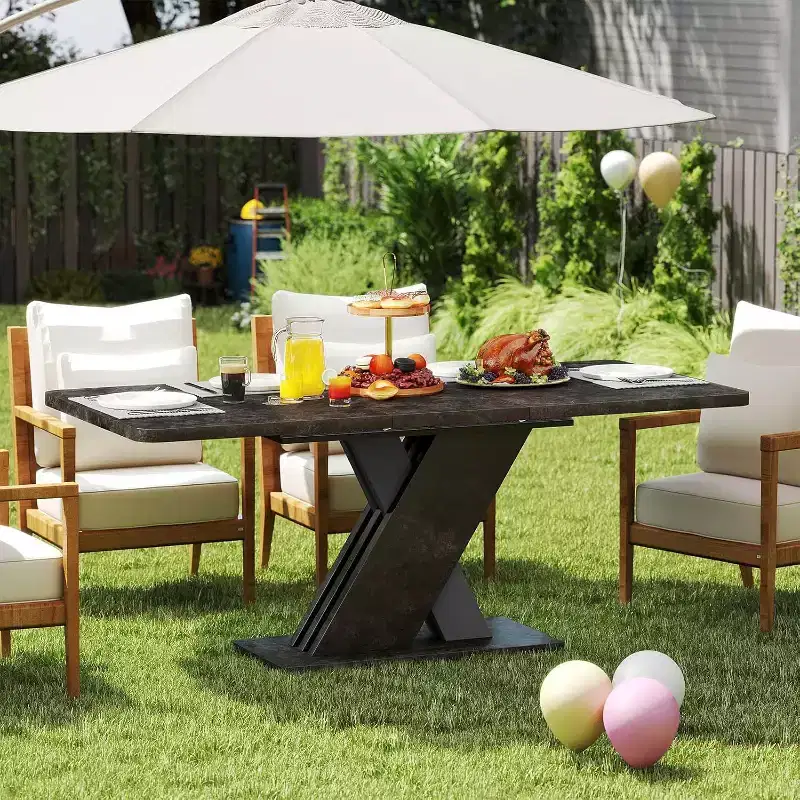 Expandable Farmhouse Dining Table, Seats 4-8, 55-70.87 in., Marble Look