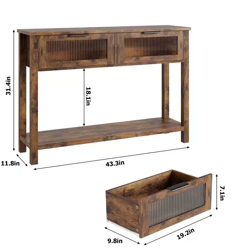 2-Tier Wood Console Table with 2 Glass Drawers, 43.3 Entryway Sofa Table Storage for Living Room, Foyer & Hallway, Retro Brown