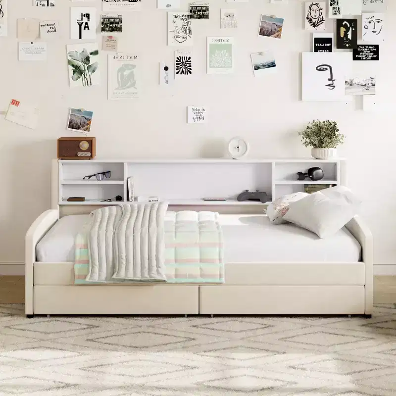 Twin Size Daybed Frame with 2 Storage Drawers and Side Storage, Velvet Upholstery Twin Bed for Kids and toddlers