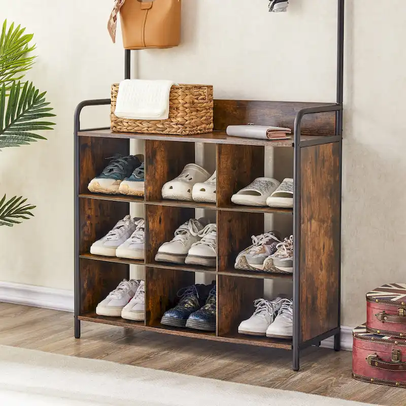 Antique Brown Wooden 3 in 1 Hall Tree, Entry Shoe Rack with Clothes Rack and 7 Hooks
