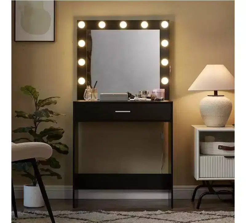 Vanity Desk with Mirror, Adjustable Brightness Makeup Table with 3 Lighting Modes, Drawer, Compact for Small Space, Home, Living Room