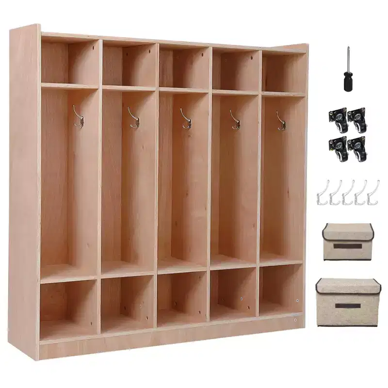 5-Section Wooden Kids Coat Locker Cubby with Hooks, Wheels & Storage Boxes | Daycare & Classroom Storage Solution for Toddlers