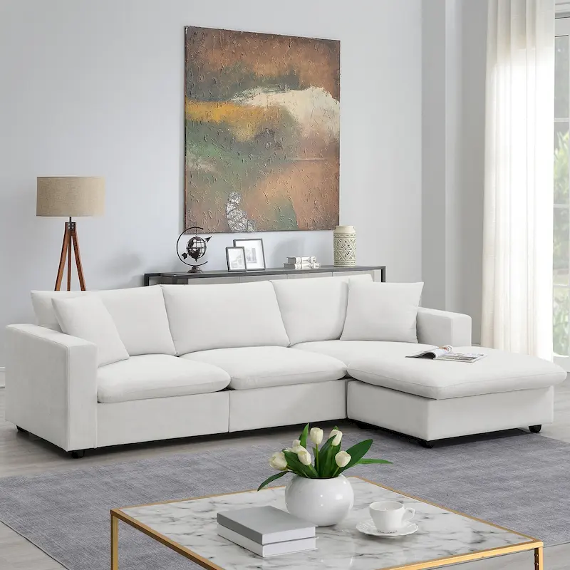 L-shaped Sectional Cloud Couch w/Throw Pillows, Ottoman, Wide Seat