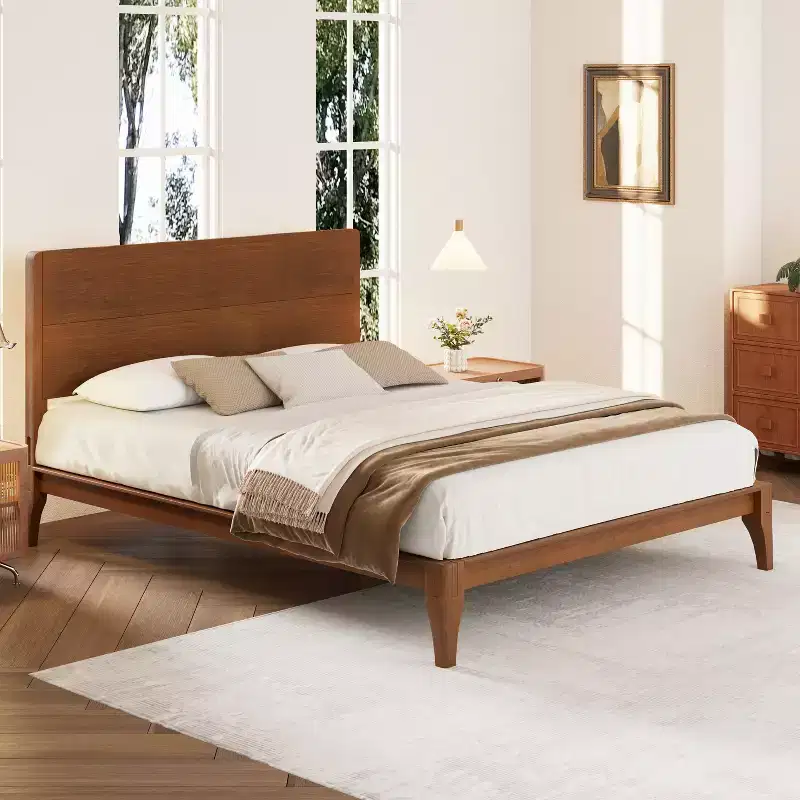 Full/Queen/King Size Bamboo Platform Bed Frame with Wood Support Slat, Mid-Century Modern Style