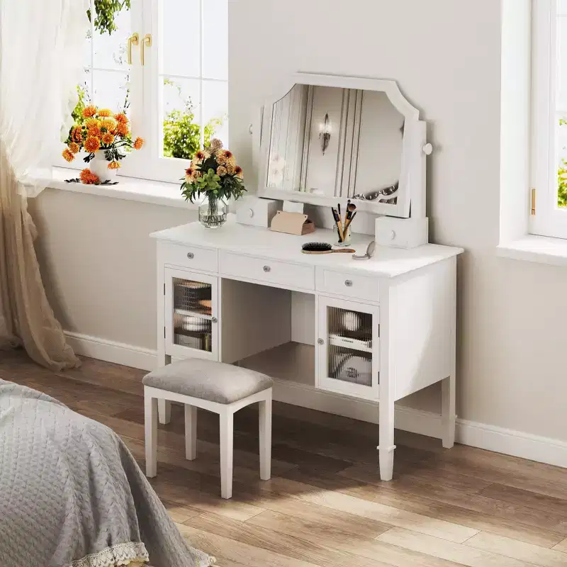 GDFStudio Teuvo Vanity Set, Large Dressing Table with Swivel Mirror, Stool, Cabinet and 5 Drawers