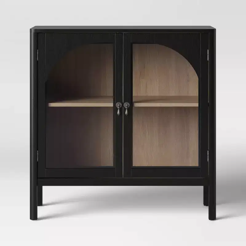 Black 2-Door Accent Cabinet Glass Doors Pewter Hardware Wood Veneer