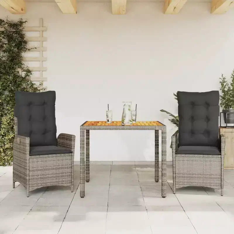 vidaXL 3 Piece Patio Dining Set with Cushions - Poly Rattan Reclining Seats & Acacia Wood Table - Adjustable Backrest - Gray