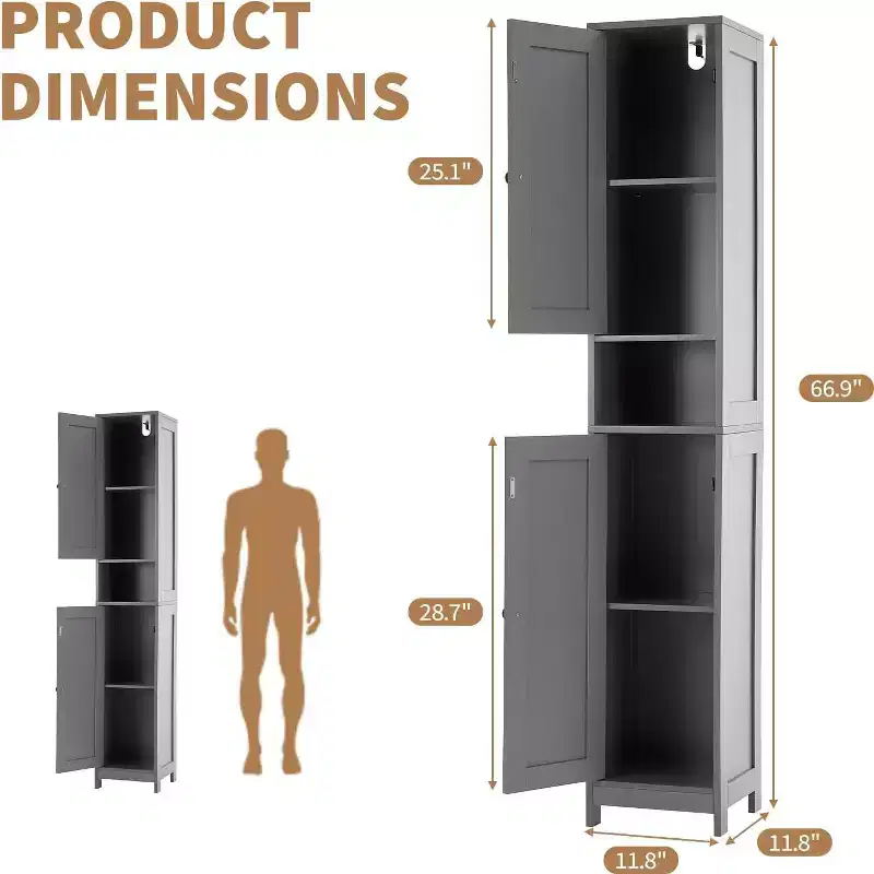 Tall Narrow Bathroom Storage Cabinet, 66.9 Inch Freestanding Adjustable Shelf Organizer, Water Resistant Design for Kitchen, Hallway, Bathroom