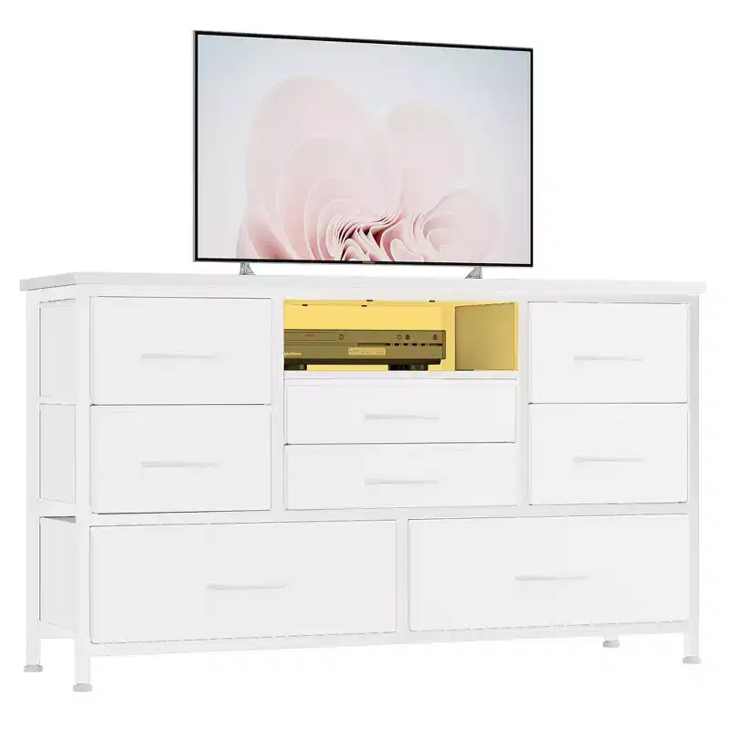 GustoWave 8-Drawer Fabric TV Stand  Sturdy Metal Frame Media Console with Wood Top for Living Room, Entryway, Bedroom, or Guest Room