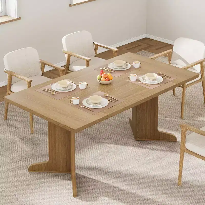 Large Dining Table for 6, Farmhouse Kitchen Table with Padded Top and Unique V-Shaped Feet, Rectangular Wooden Dining Table
