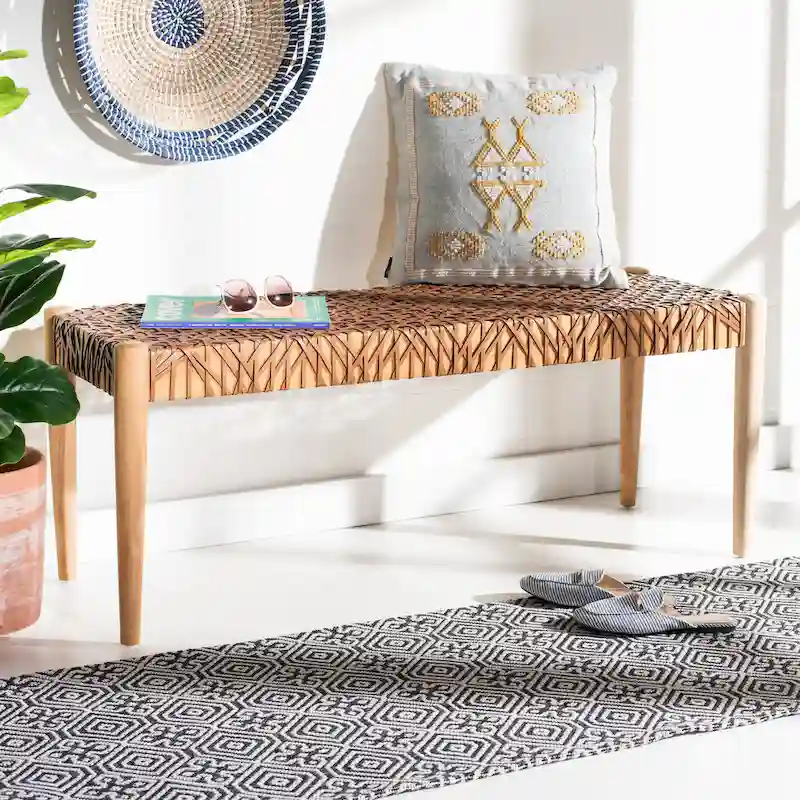 SAFAVIEH Mahalia Bandelier Wood & Leather Bench - 47 W x 16 D x 19 H - 47Wx16Dx19H