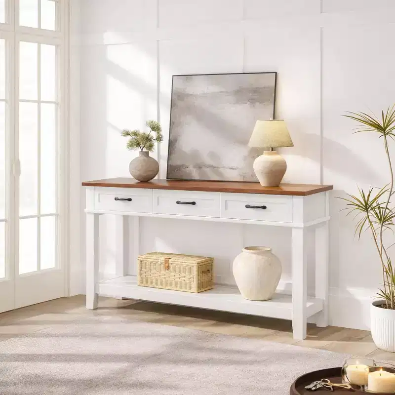 Acekool 54 Farmhouse Entryway Table with 3 Drawers & 2 Open Shelves, Console Table for Living Room or Hallway