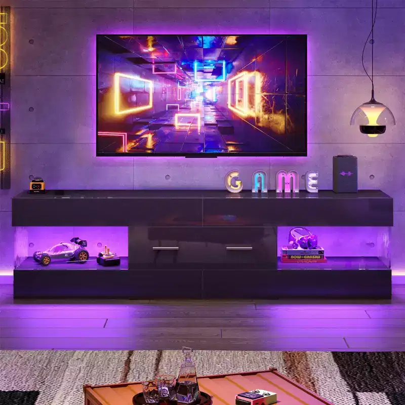 Black High Gloss TV Stand for TV up to 65 LED Television Entertainment Center Modern TV Cabinet with Storage Drawers