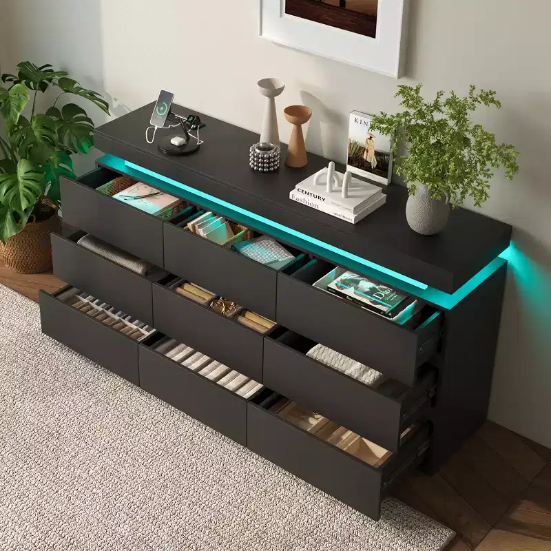 Black / White Modern 9-Drawer Dresser, Single